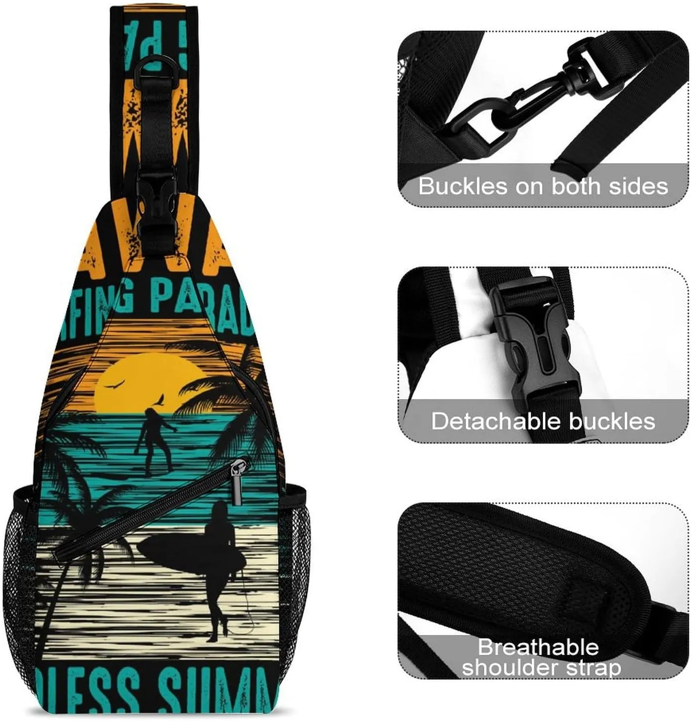Hawaii-surfing-print Crossbody Sling Backpack, Shoulder Bag Chest Bag for Travel Sport Running