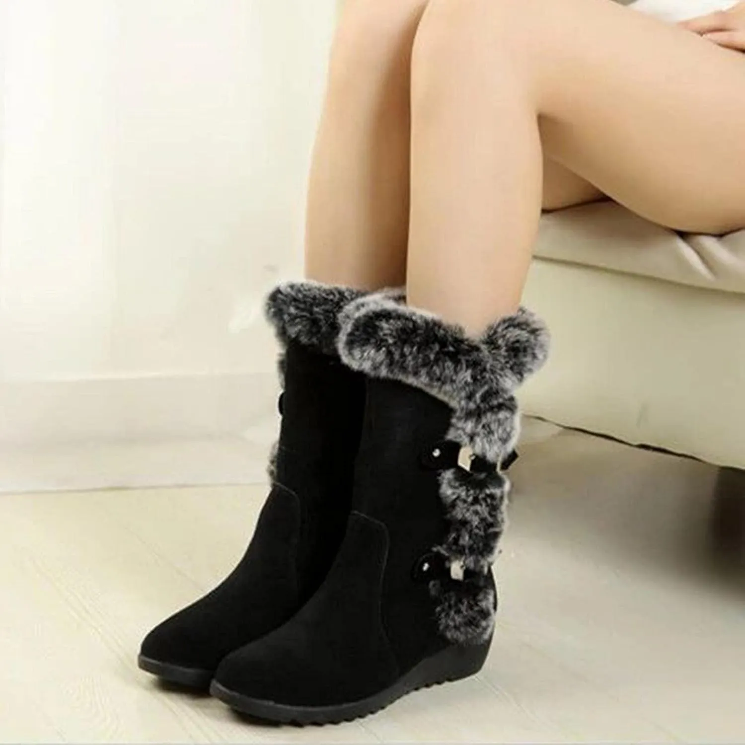 Hbeylia Fuzzy Winter Snow Boots For Women Ladies Fashion Casual Fluffy Plush Fur Thermal Suede Round Toe Non Slip Wedge Platform Mid Calf Boots Furry Metal Bucle Warm Dress Ankle Booties For Camping