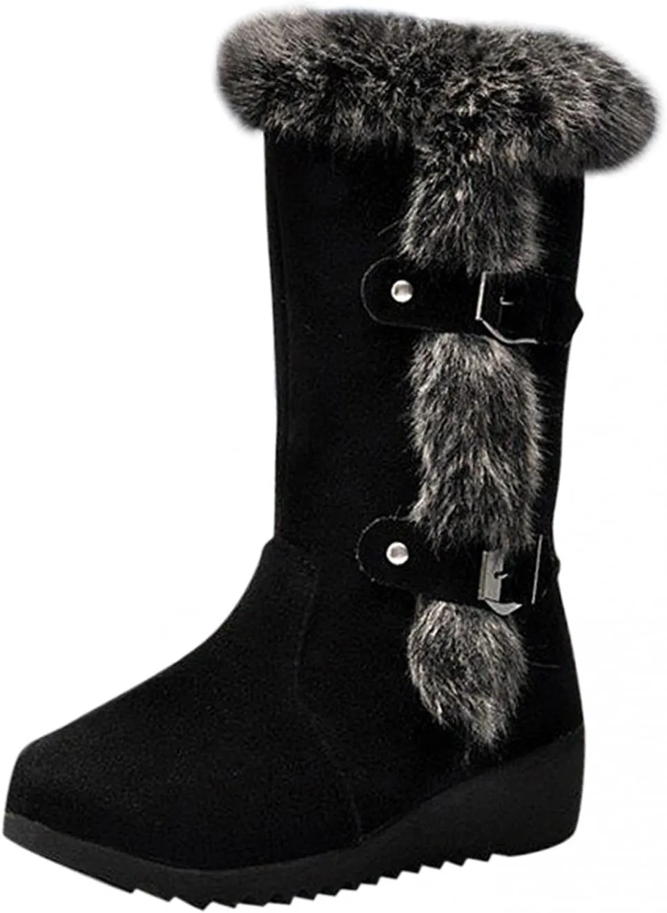 Hbeylia Fuzzy Winter Snow Boots For Women Ladies Fashion Casual Fluffy Plush Fur Thermal Suede Round Toe Non Slip Wedge Platform Mid Calf Boots Furry Metal Bucle Warm Dress Ankle Booties For Camping