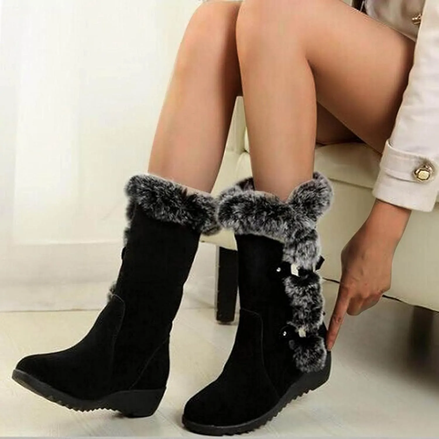 Hbeylia Fuzzy Winter Snow Boots For Women Ladies Fashion Casual Fluffy Plush Fur Thermal Suede Round Toe Non Slip Wedge Platform Mid Calf Boots Furry Metal Bucle Warm Dress Ankle Booties For Camping