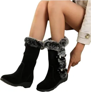 Hbeylia Fuzzy Winter Snow Boots For Women Ladies Fashion Casual Fluffy Plush Fur Thermal Suede Round Toe Non Slip Wedge Platform Mid Calf Boots Furry Metal Bucle Warm Dress Ankle Booties For Camping