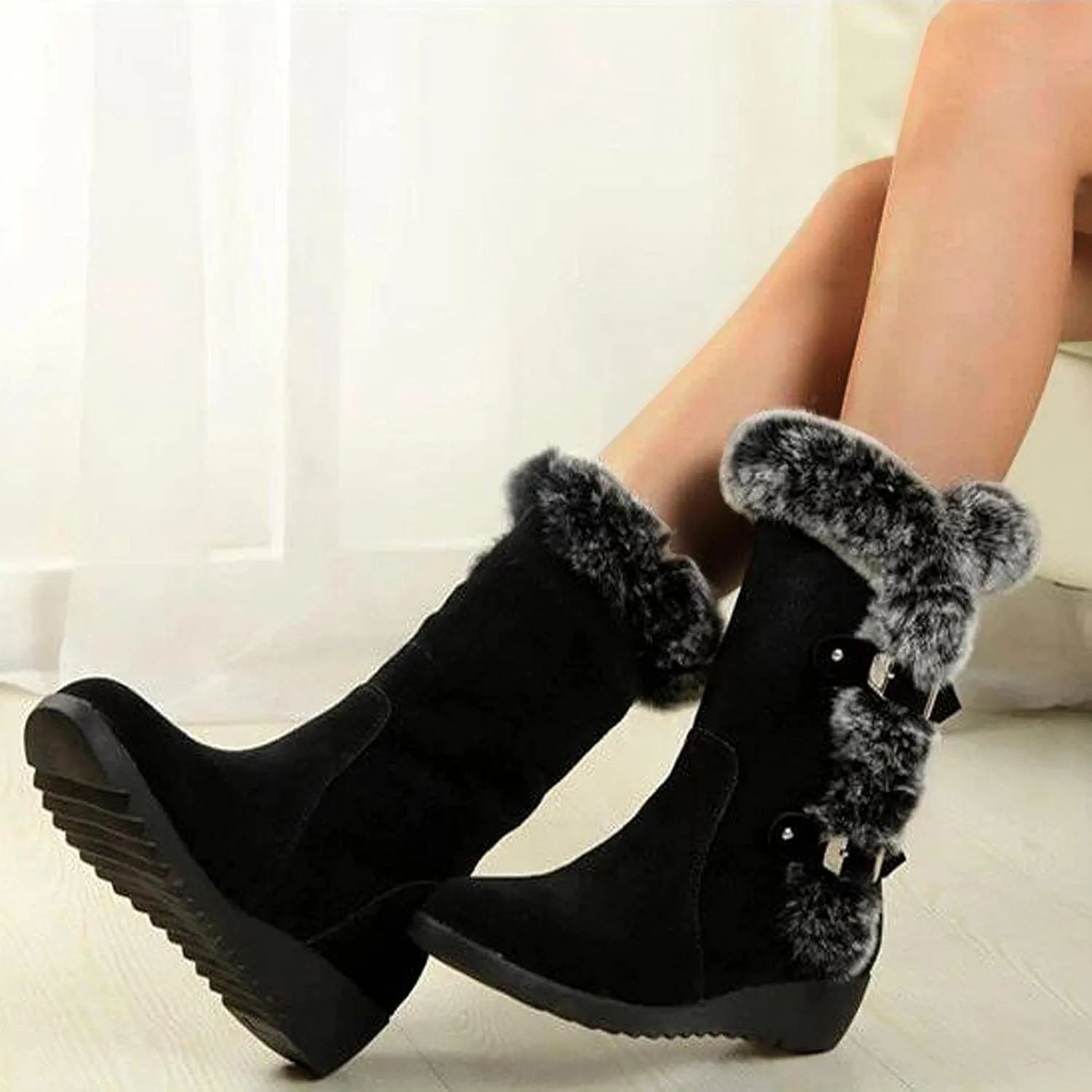 Hbeylia Fuzzy Winter Snow Boots For Women Ladies Fashion Casual Fluffy Plush Fur Thermal Suede Round Toe Non Slip Wedge Platform Mid Calf Boots Furry Metal Bucle Warm Dress Ankle Booties For Camping