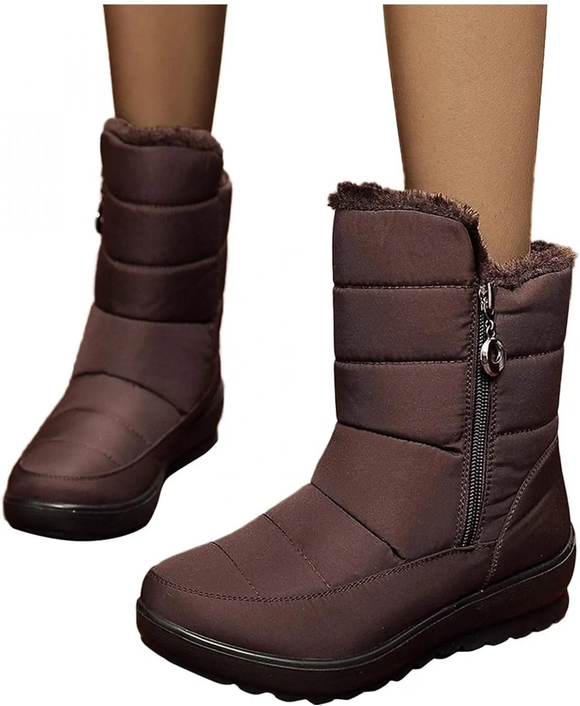 Hbeylia Platform Wedge Winter Snow Boots For Women Waterproof Thermal Fuzzy Faux Plush Fur Chunky Low Heels Mid Calf Boots With Side Zipper Non Slip Pluffy Ankle Booties Winter Shoes For Ski