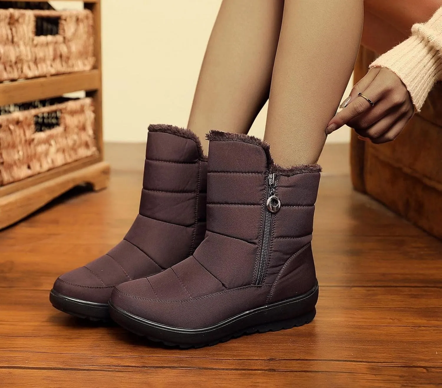 Hbeylia Platform Wedge Winter Snow Boots For Women Waterproof Thermal Fuzzy Faux Plush Fur Chunky Low Heels Mid Calf Boots With Side Zipper Non Slip Pluffy Ankle Booties Winter Shoes For Ski
