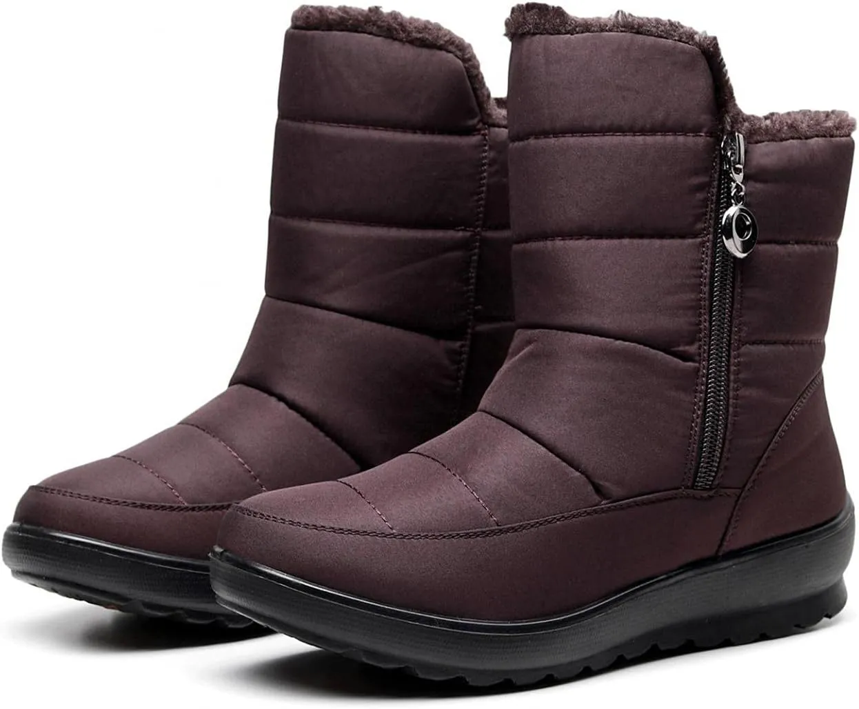 Hbeylia Platform Wedge Winter Snow Boots For Women Waterproof Thermal Fuzzy Faux Plush Fur Chunky Low Heels Mid Calf Boots With Side Zipper Non Slip Pluffy Ankle Booties Winter Shoes For Ski
