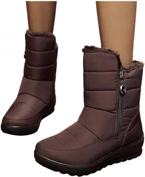 Hbeylia Platform Wedge Winter Snow Boots For Women Waterproof Thermal Fuzzy Faux Plush Fur Chunky Low Heels Mid Calf Boots With Side Zipper Non Slip Pluffy Ankle Booties Winter Shoes For Ski