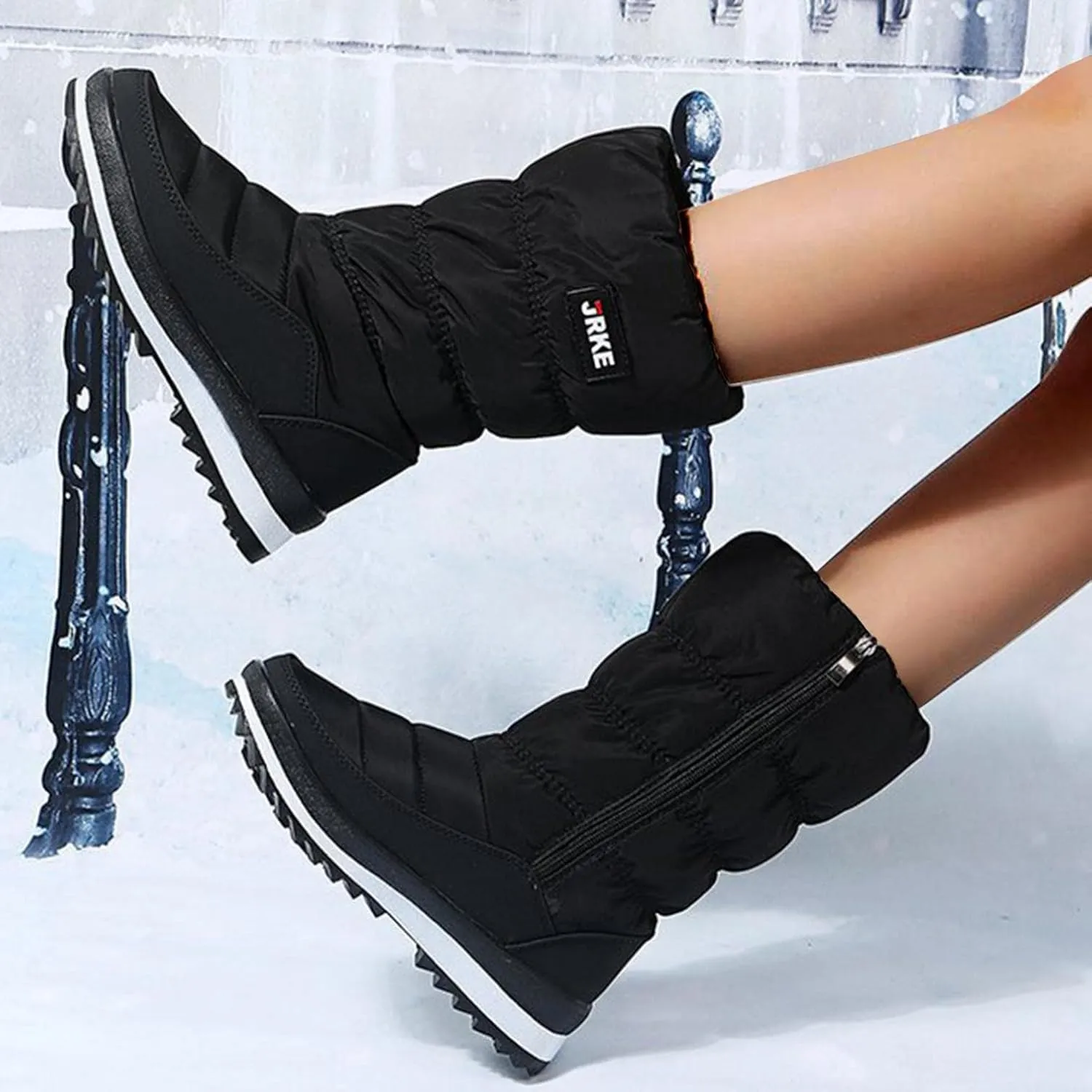 Hbeylia Ski Winter Snow Boots For Women Thermal Waterproof Plush Fur Lined Round Toe Platform Wedge Chunky Bottom Mid Heels Non Slip Mid Calf Hiking Skiing Boots Warm Short Boots For Cold Weather