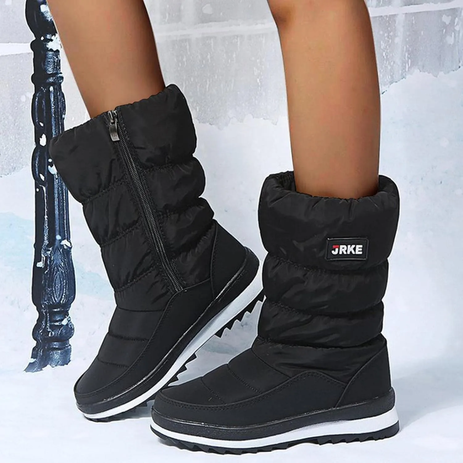 Hbeylia Ski Winter Snow Boots For Women Thermal Waterproof Plush Fur Lined Round Toe Platform Wedge Chunky Bottom Mid Heels Non Slip Mid Calf Hiking Skiing Boots Warm Short Boots For Cold Weather