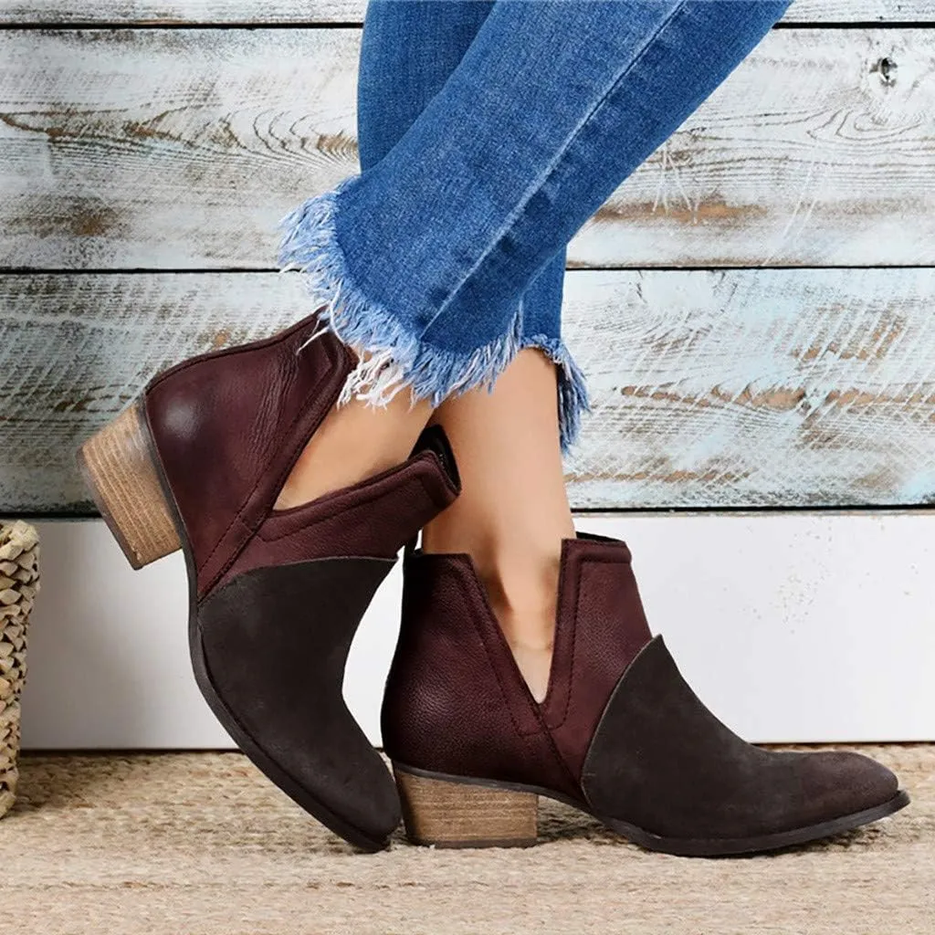 Hbeylia Women's Ankle Booties Fashion Casual Suede Pointed Toe V Cut Chunky Mid Heels Ankle Boots Western Cowboy Dress Short Boots For Women Ladies
