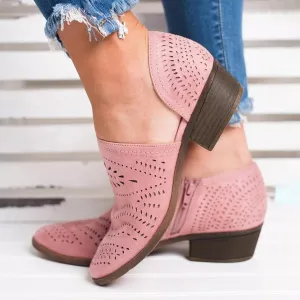 Hbeylia Women's Booties Boho Fashion Round Toe Hollow Out V Cut Slip On Chunky Mid Heels Ankle Boots Walking Shoes For Women Ladies Bohemian Beach Travel Sandals Shoes