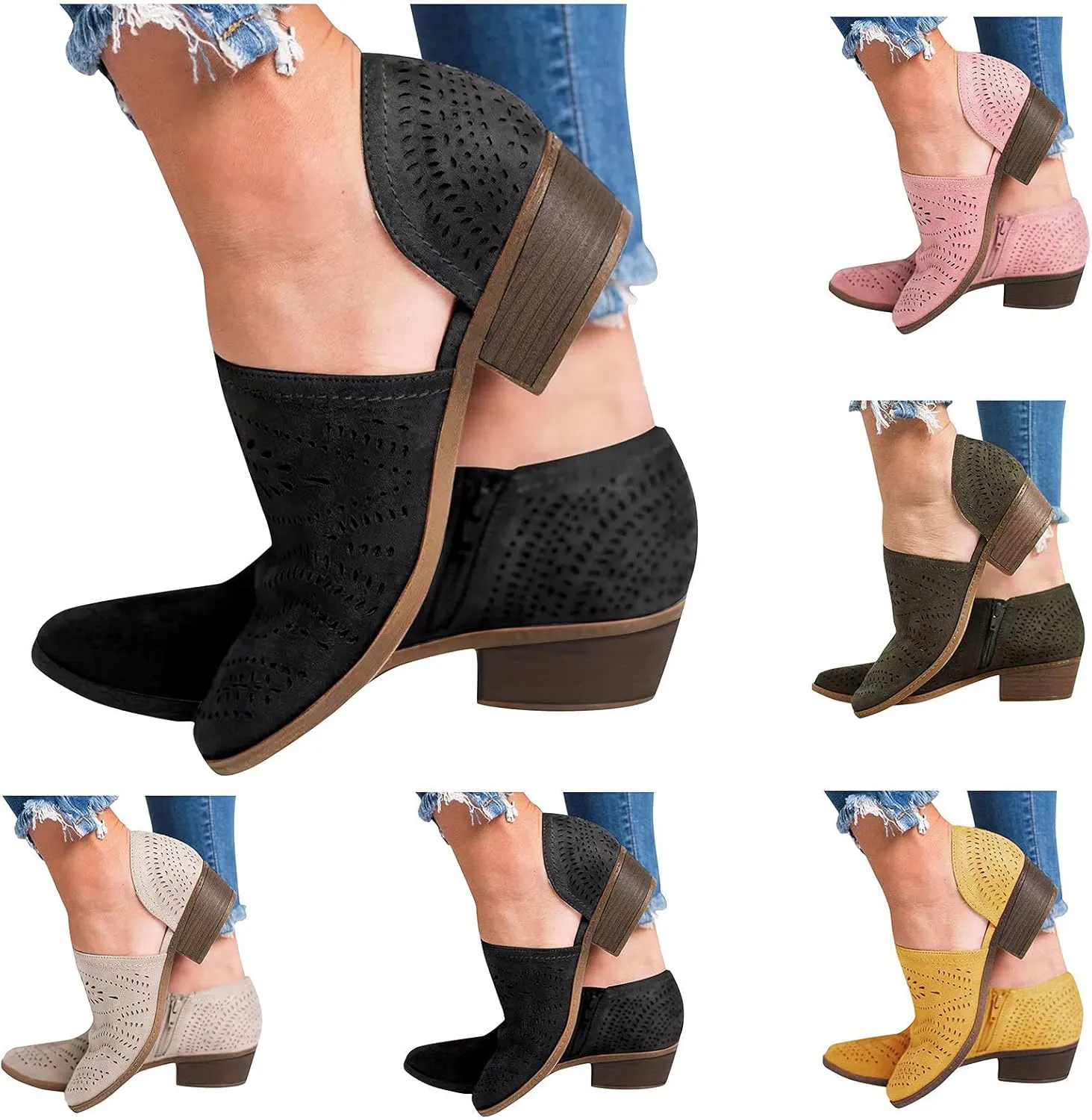 Hbeylia Women's Booties Boho Fashion Round Toe Hollow Out V Cut Slip On Chunky Mid Heels Ankle Boots Walking Shoes For Women Ladies Bohemian Beach Travel Sandals Shoes