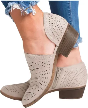 Hbeylia Women's Booties Boho Fashion Round Toe Hollow Out V Cut Slip On Chunky Mid Heels Ankle Boots Walking Shoes For Women Ladies Bohemian Beach Travel Sandals Shoes