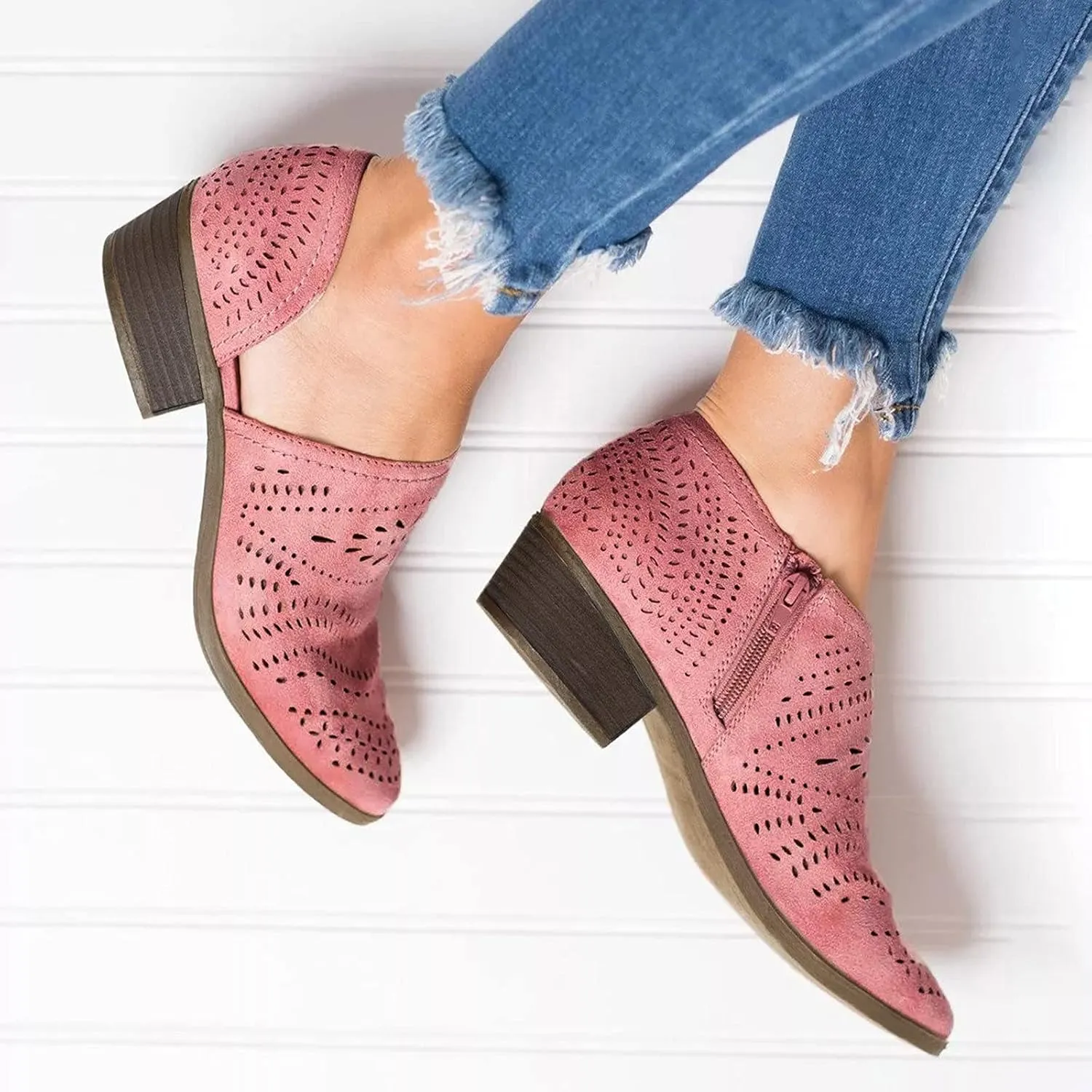 Hbeylia Women's Booties Boho Fashion Round Toe Hollow Out V Cut Slip On Chunky Mid Heels Ankle Boots Walking Shoes For Women Ladies Bohemian Beach Travel Sandals Shoes