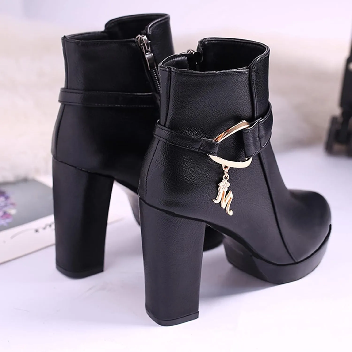 Hbeylia Women's Pump Platform Boots With Side Zipper Fashion Round Toe Chunky High Heels Wedge Ankle Booties Dress Short Boots For Women Ladies Wedding Christmas Halloween Party