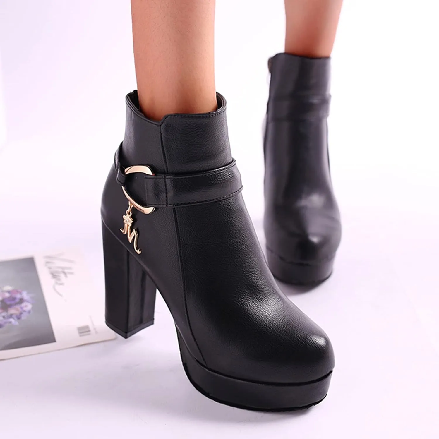 Hbeylia Women's Pump Platform Boots With Side Zipper Fashion Round Toe Chunky High Heels Wedge Ankle Booties Dress Short Boots For Women Ladies Wedding Christmas Halloween Party