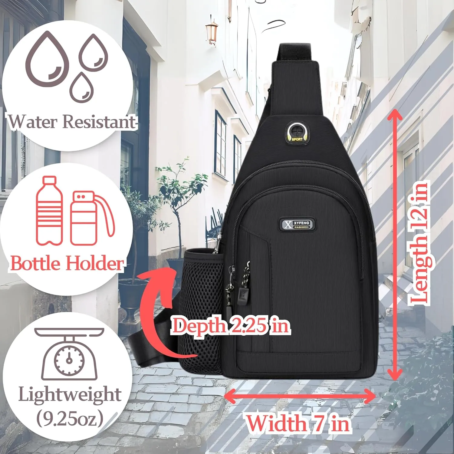 Headphone Hole Crossbody Sling Bag with Bottle Holder & Key Ring Strap, Water Resistant Travel Anti-theft Chest Backpack