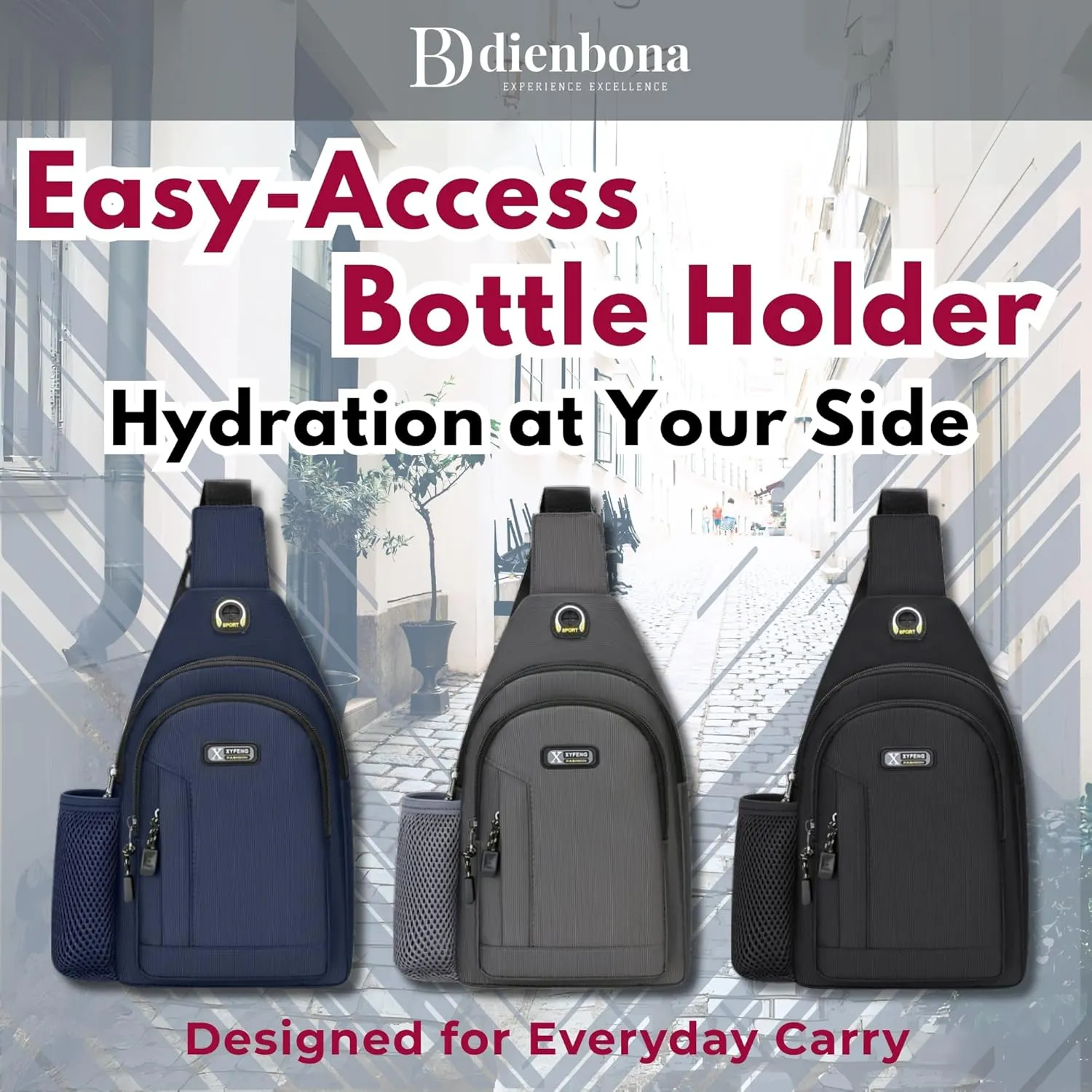Headphone Hole Crossbody Sling Bag with Bottle Holder & Key Ring Strap, Water Resistant Travel Anti-theft Chest Backpack