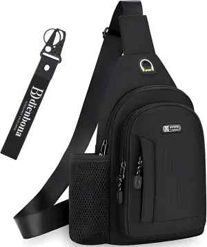 Headphone Hole Crossbody Sling Bag with Bottle Holder & Key Ring Strap, Water Resistant Travel Anti-theft Chest Backpack