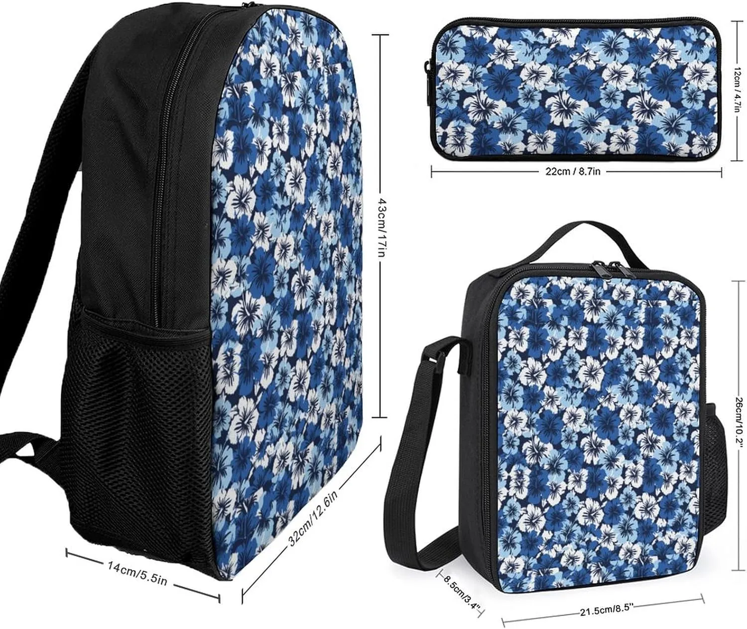 Hibiscus Hawaiian Floral Shoulder Backpack Diagonal Lunch Bag Pencil Case Set