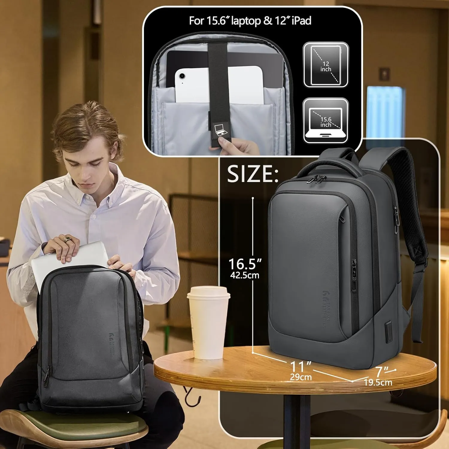 hk Laptop Backpack for Men with USB Charging Port Water-Resistant for 15.6 Inch Computer Bag Durable High-Tech Daypack Casual Backpack for Business Work College Weekender Travel- Dark Grey