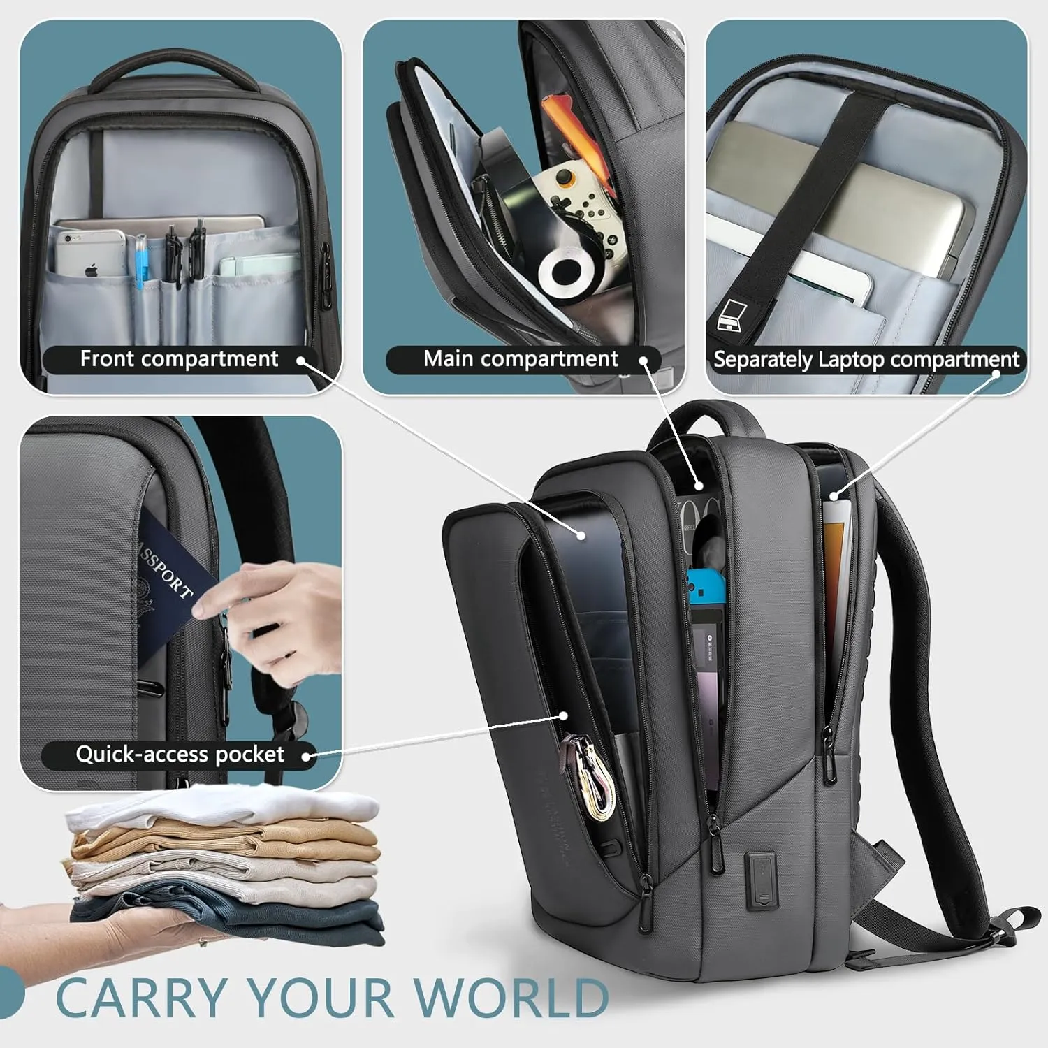 hk Laptop Backpack for Men with USB Charging Port Water-Resistant for 15.6 Inch Computer Bag Durable High-Tech Daypack Casual Backpack for Business Work College Weekender Travel- Dark Grey