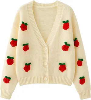 HOULENGS Women's Strawberry Print Button Down Long Sleeve V Neck Crop Cardigan Sweater