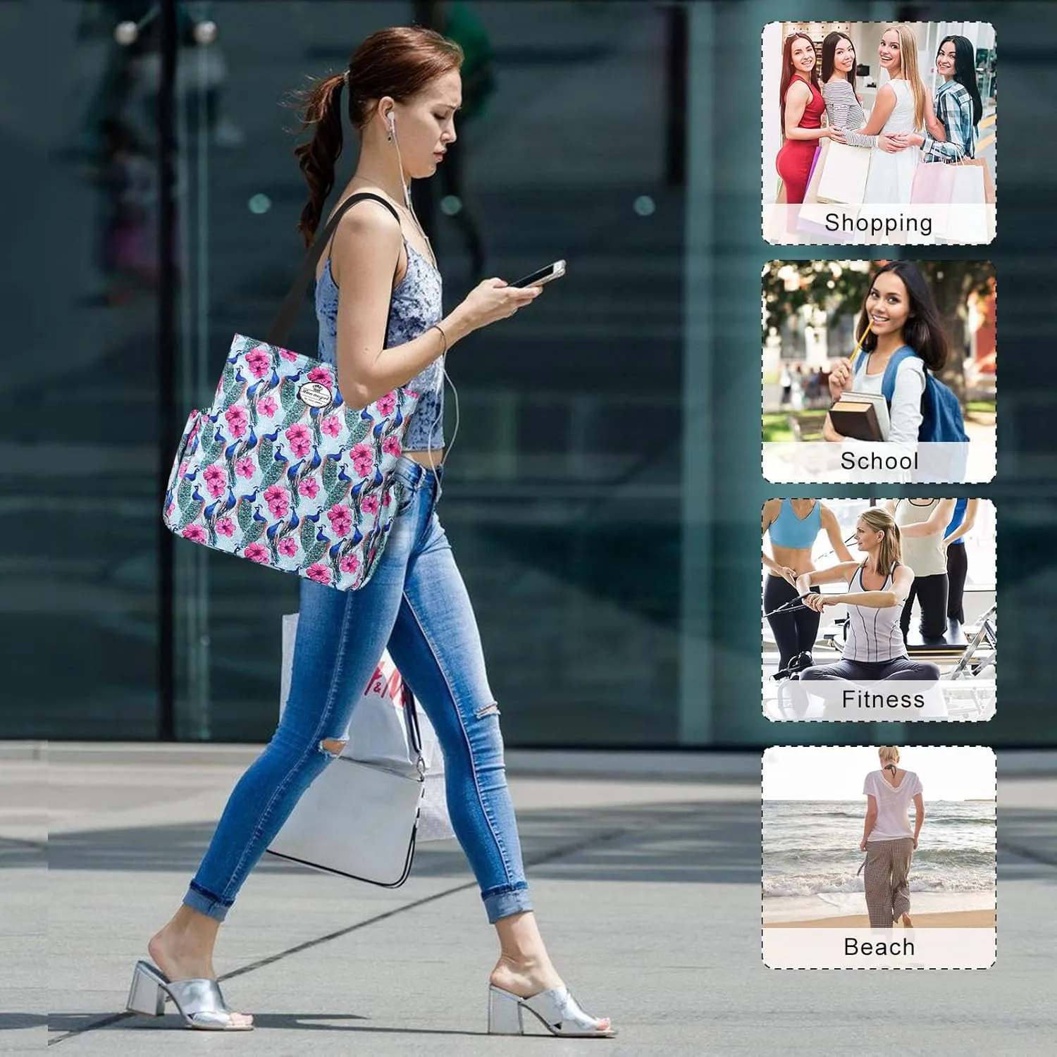 HUA ANGEL Floral Tote Bag - Casual Shoulder Bag Daily Tote Bag with Zipper Gym Travel Shopping Work Handbag for Women