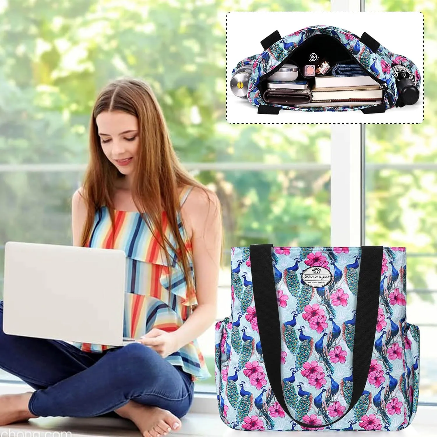 HUA ANGEL Floral Tote Bag - Casual Shoulder Bag Daily Tote Bag with Zipper Gym Travel Shopping Work Handbag for Women
