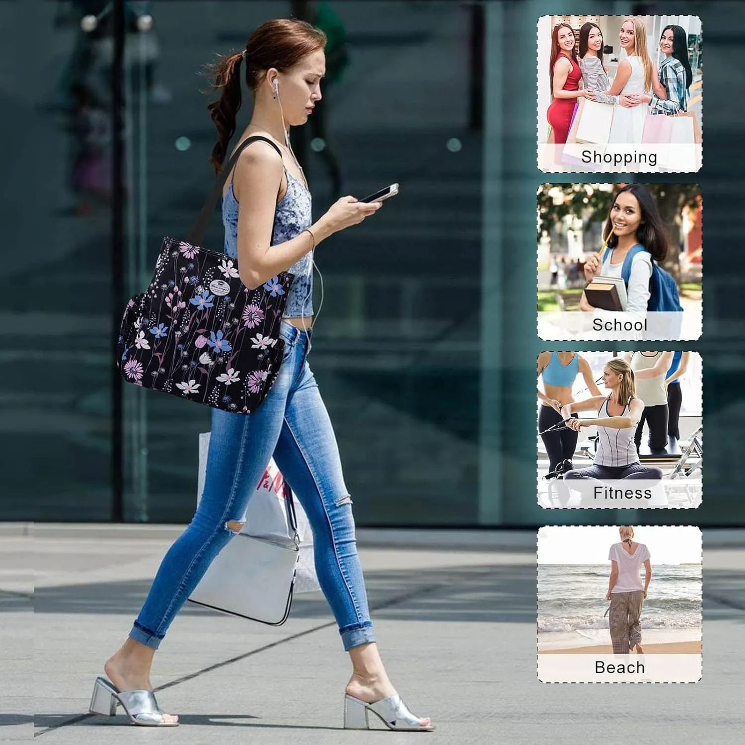 HUA ANGEL Floral Tote Bag - Casual Shoulder Bag Daily Tote Bag with Zipper Gym Travel Shopping Work Handbag for Women