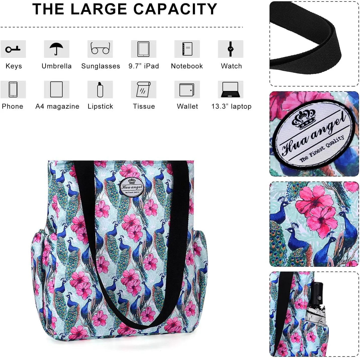 HUA ANGEL Floral Tote Bag - Casual Shoulder Bag Daily Tote Bag with Zipper Gym Travel Shopping Work Handbag for Women