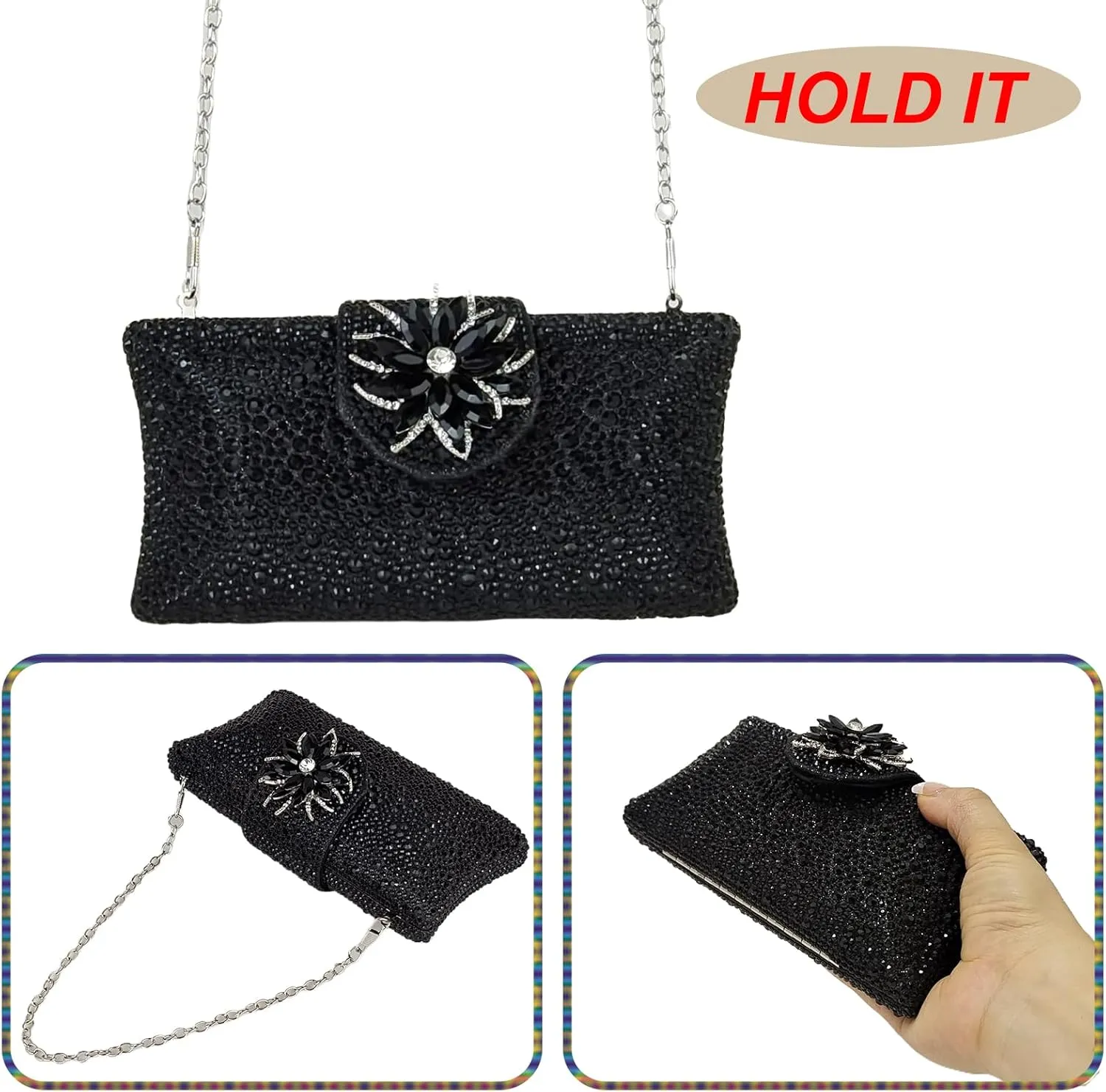 HUANG ZHUANG Elegant Flower Clutch Solid Rhinestone Handbags For Women Evening Bag Party Purse Bridal Prom Bag
