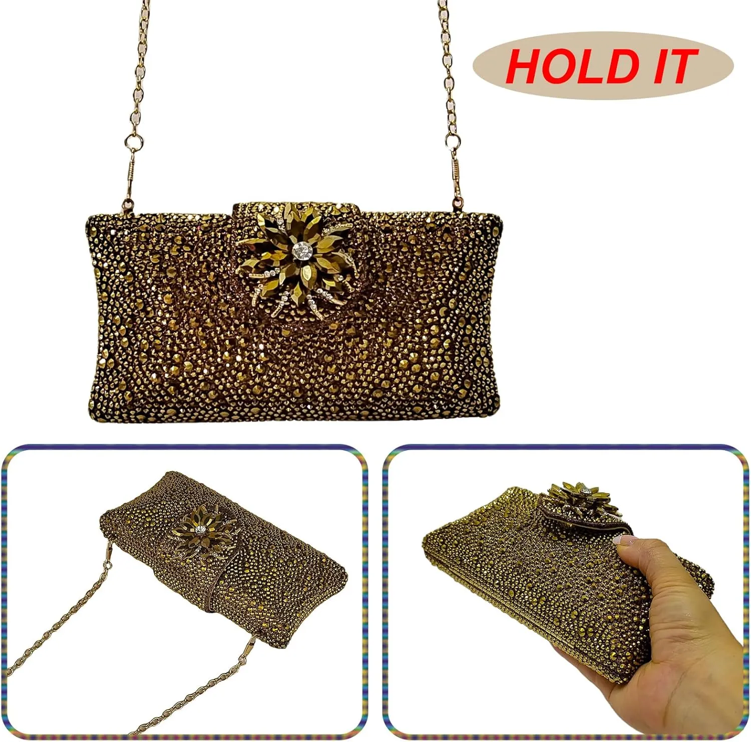 HUANG ZHUANG Elegant Flower Clutch Solid Rhinestone Handbags For Women Evening Bag Party Purse Bridal Prom Bag