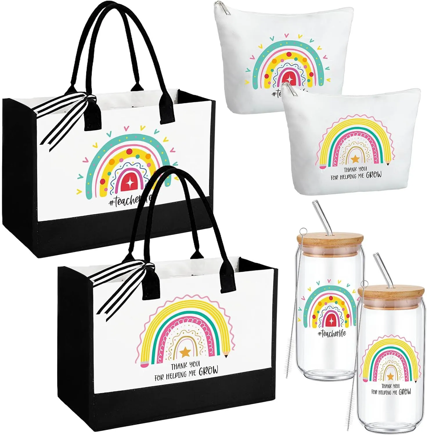 Hushee 6 Pcs Teacher Appreciation Gift for Women Include 2 Set Teacher Tote Bag Tumbler and Makeup Bag
