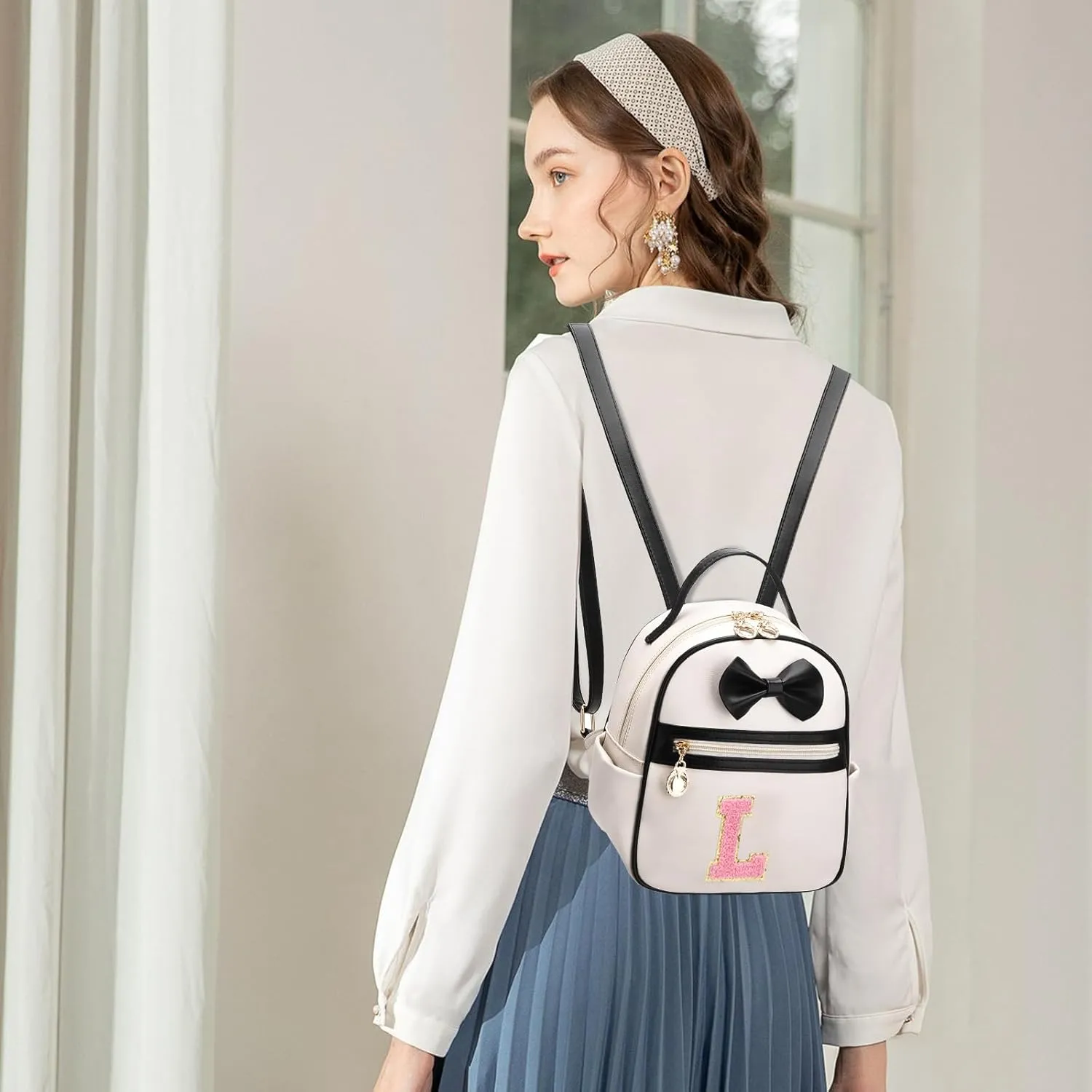 I IHAYNER Girls Bowknot Initial Backpack for Women Cute Mini Backpack for Girls Personalized Teen Girl gifts Trendy Stuff Black-L