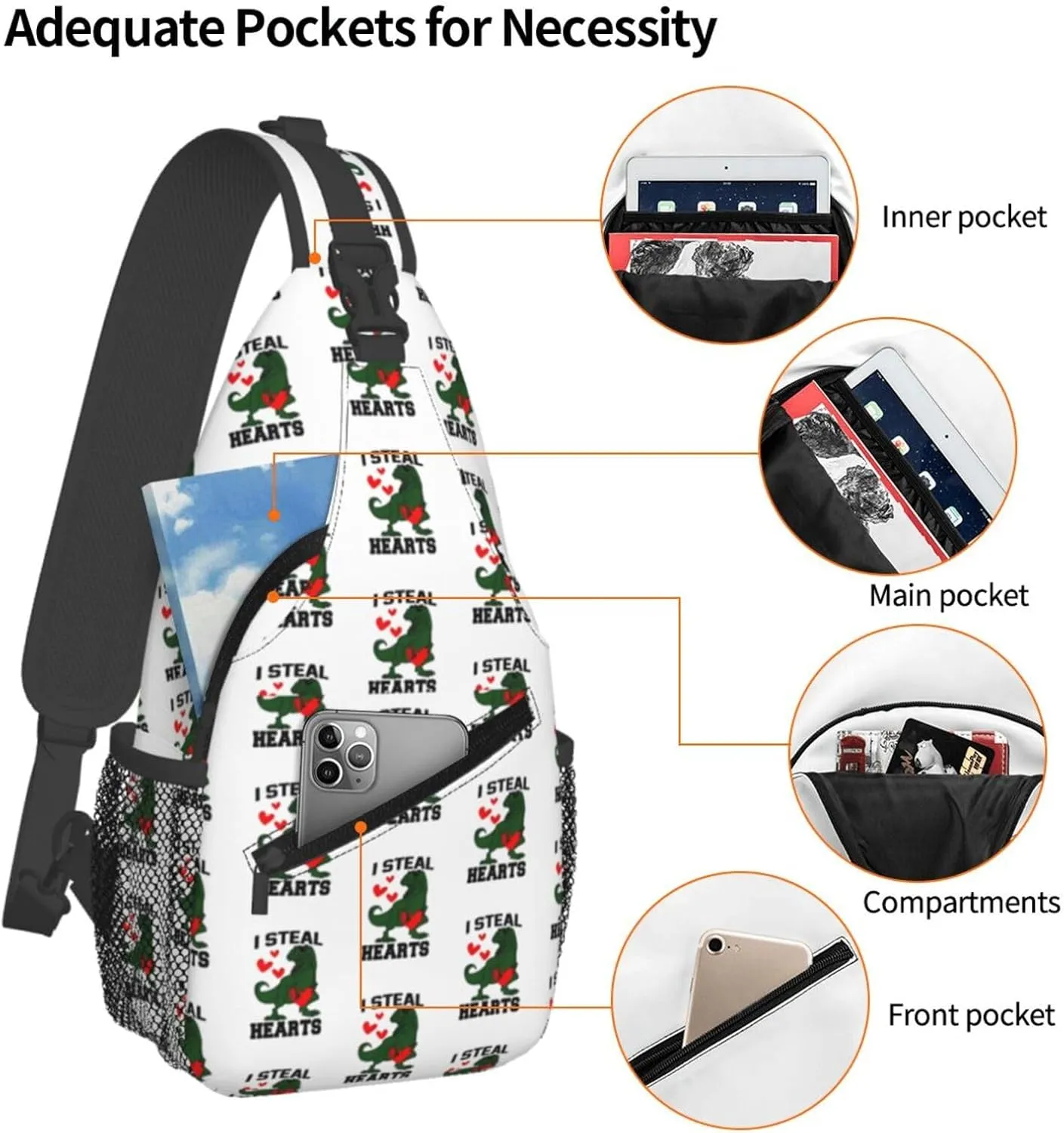 I Steal Hearts Dinosaur Chest Sling Bag Crossbody Shoulder Backpack Bag Gym Cycling Travel Hiking Daypack Cross Bag