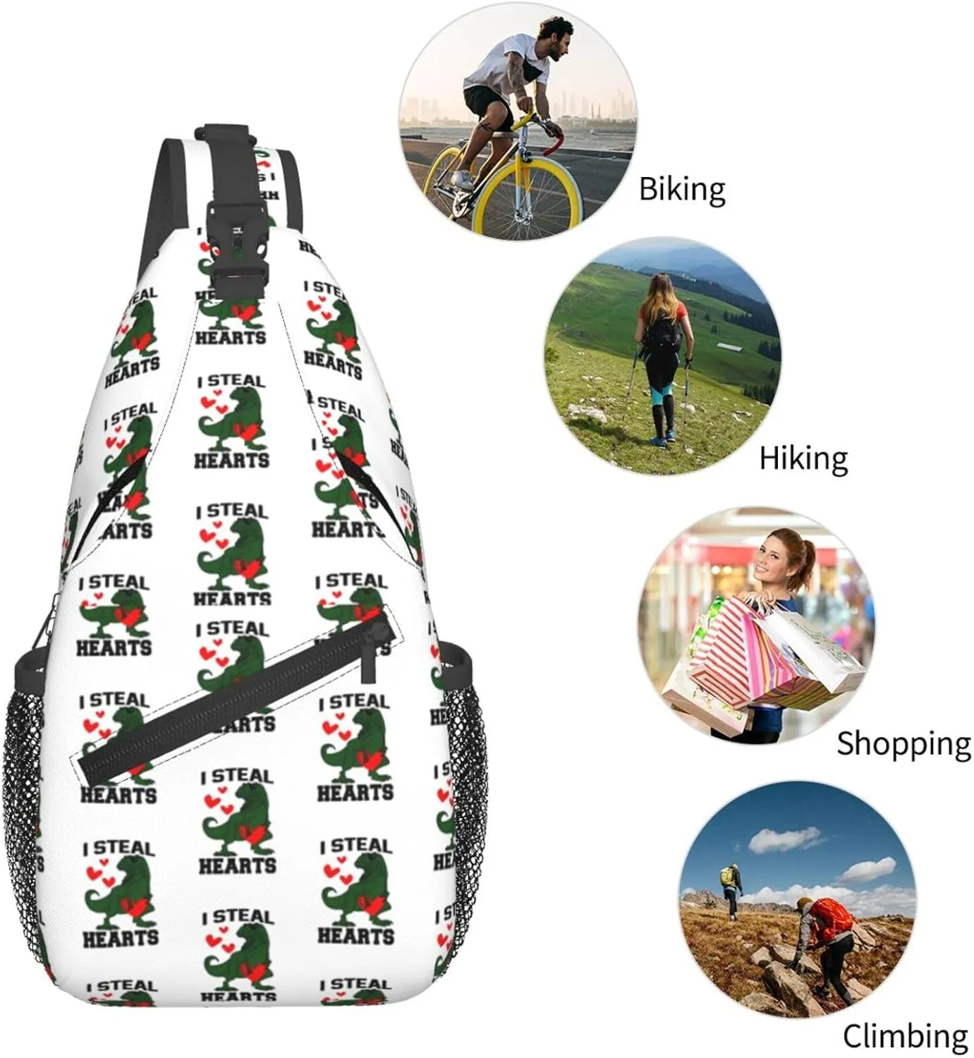 I Steal Hearts Dinosaur Chest Sling Bag Crossbody Shoulder Backpack Bag Gym Cycling Travel Hiking Daypack Cross Bag