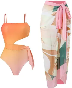IBTOM CASTLE Women One Piece Swimsuit with Long Cover up Wrap Skirt Two Piece Bathing Suit Retro Monokini Summer Beach Outfit