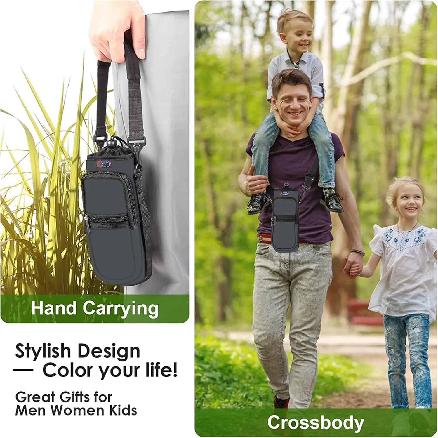 icolor Water Bottle Carrier Bag with Strap 25/32/40/64oz Crossbody Water Bottle Holder with Phone Pocket Sling Sleeve Insulated Neoprene Water Bottle Pouch for Walking Hiking Travelling