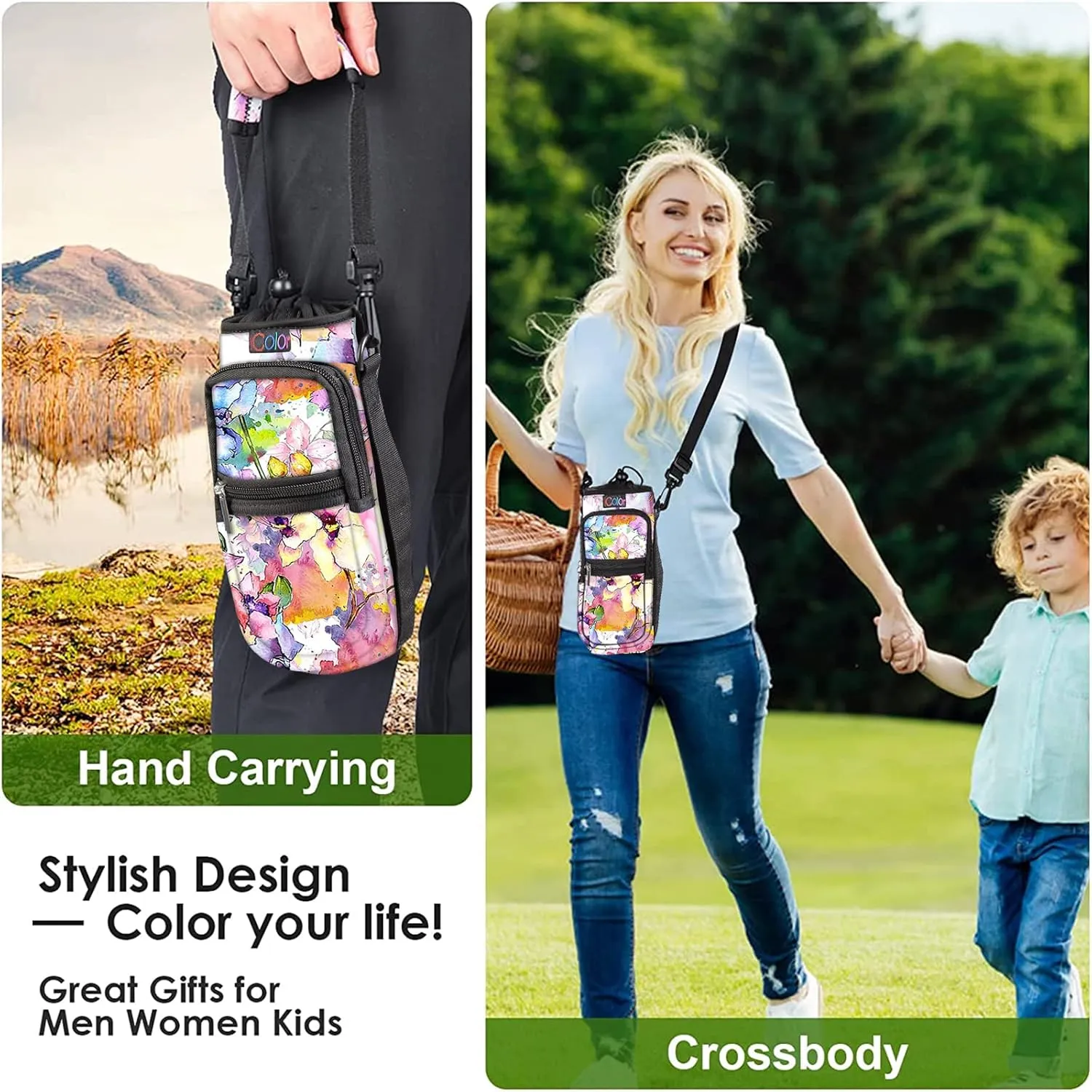 icolor Water Bottle Carrier Bag with Strap 25/32/40/64oz Crossbody Water Bottle Holder with Phone Pocket Sling Sleeve Insulated Neoprene Water Bottle Pouch for Walking Hiking Travelling