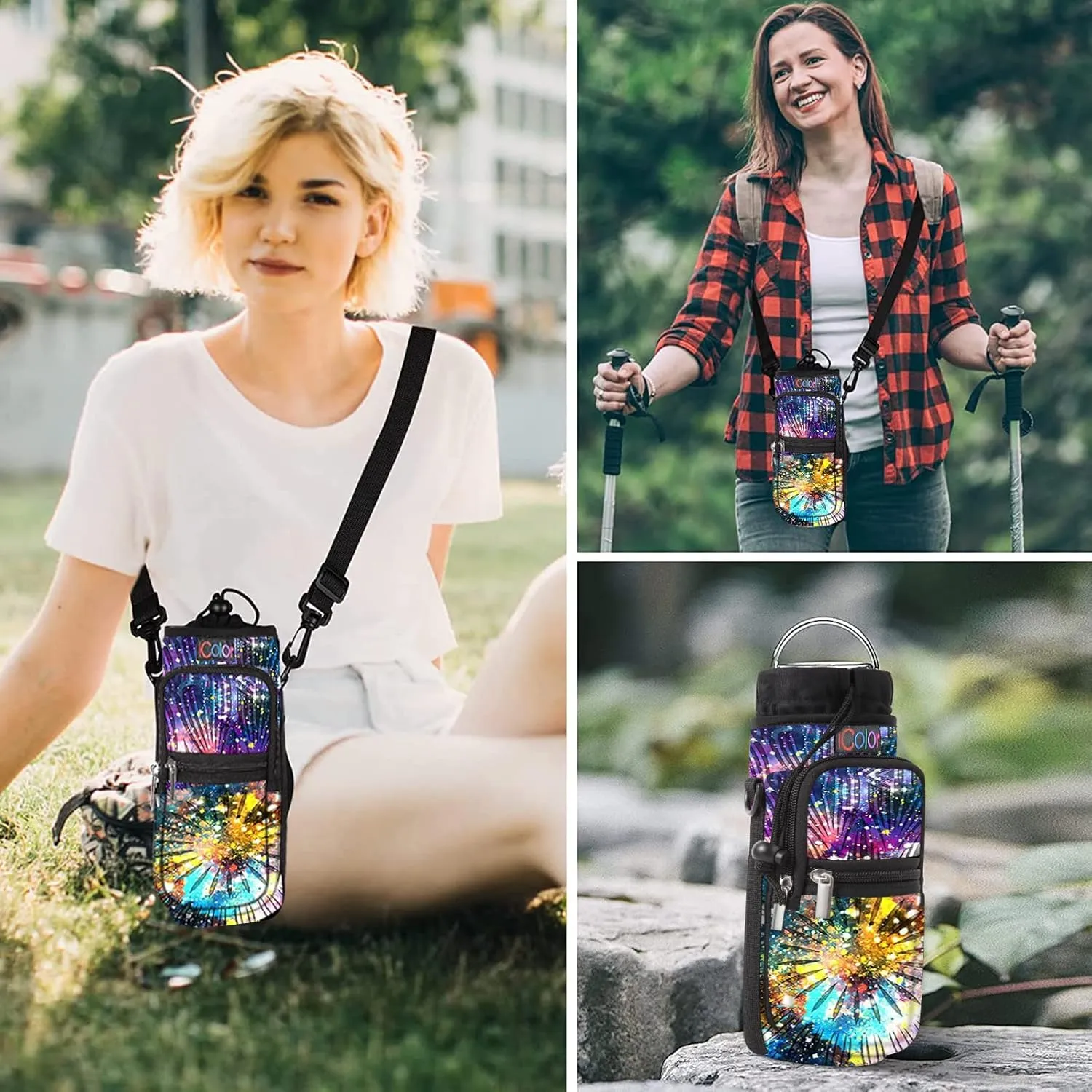 icolor Water Bottle Carrier Bag with Strap 25/32/40/64oz Crossbody Water Bottle Holder with Phone Pocket Sling Sleeve Insulated Neoprene Water Bottle Pouch for Walking Hiking Travelling