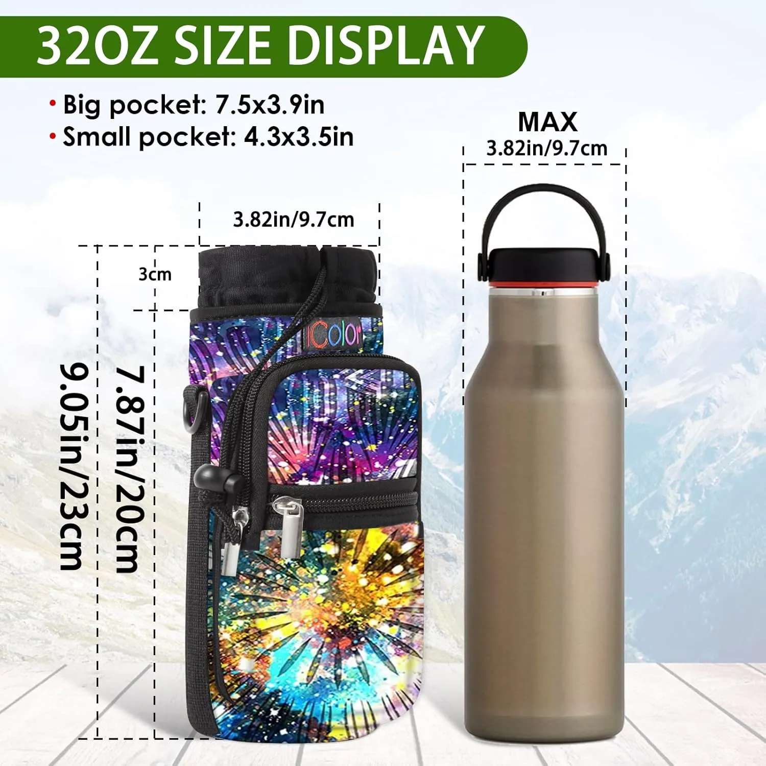 icolor Water Bottle Carrier Bag with Strap 25/32/40/64oz Crossbody Water Bottle Holder with Phone Pocket Sling Sleeve Insulated Neoprene Water Bottle Pouch for Walking Hiking Travelling