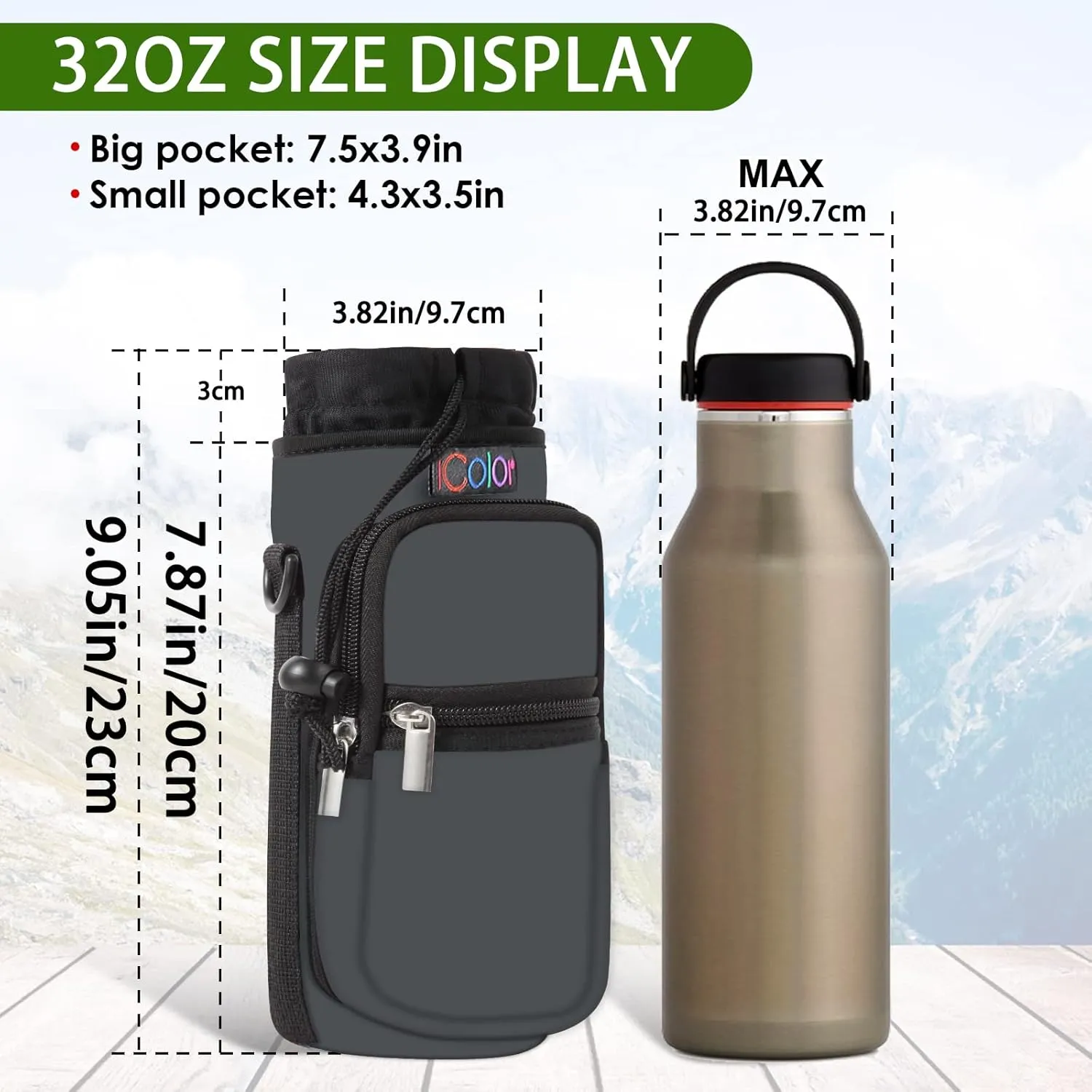icolor Water Bottle Carrier Bag with Strap 25/32/40/64oz Crossbody Water Bottle Holder with Phone Pocket Sling Sleeve Insulated Neoprene Water Bottle Pouch for Walking Hiking Travelling