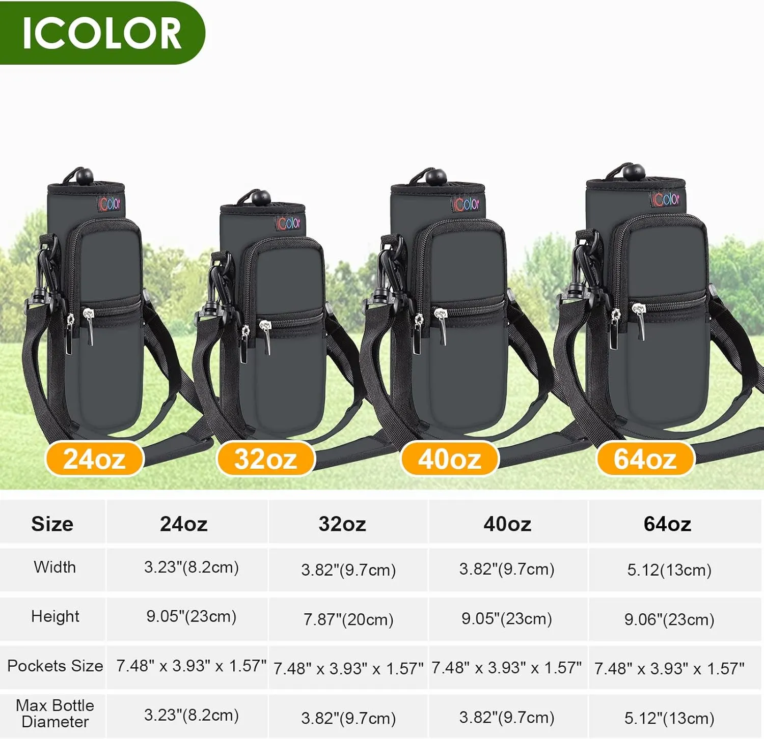 icolor Water Bottle Carrier Bag with Strap 25/32/40/64oz Crossbody Water Bottle Holder with Phone Pocket Sling Sleeve Insulated Neoprene Water Bottle Pouch for Walking Hiking Travelling