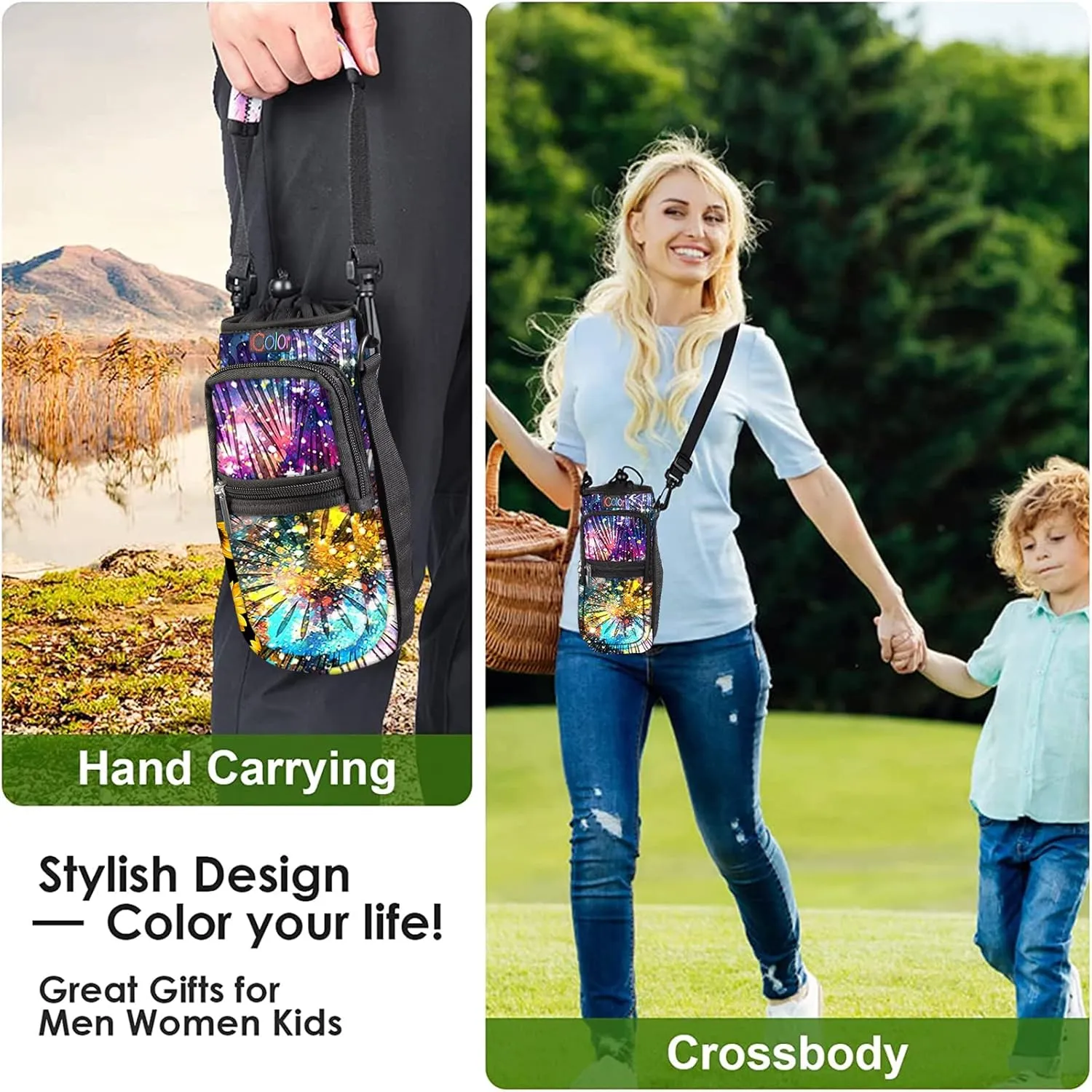 icolor Water Bottle Carrier Bag with Strap 25/32/40/64oz Crossbody Water Bottle Holder with Phone Pocket Sling Sleeve Insulated Neoprene Water Bottle Pouch for Walking Hiking Travelling