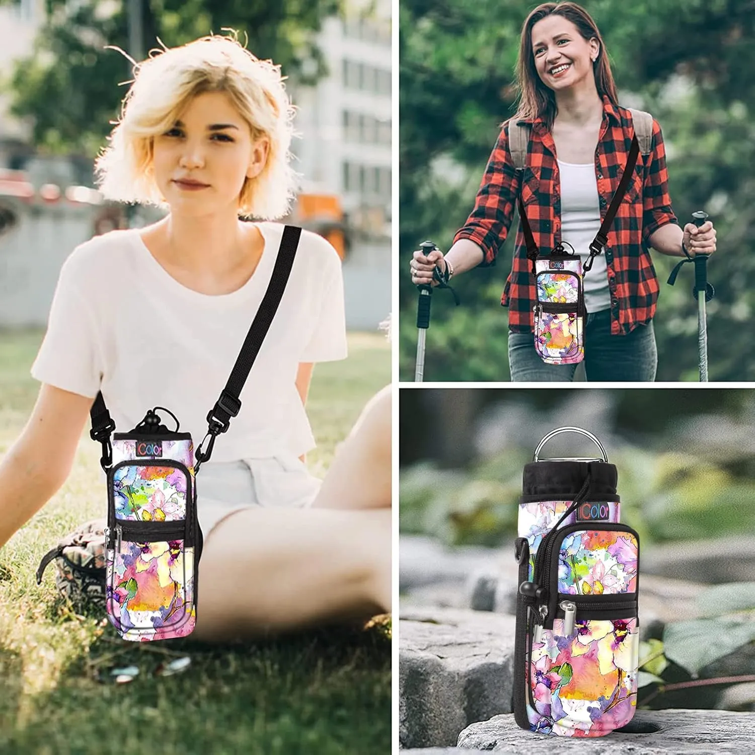 icolor Water Bottle Carrier Bag with Strap 25/32/40/64oz Crossbody Water Bottle Holder with Phone Pocket Sling Sleeve Insulated Neoprene Water Bottle Pouch for Walking Hiking Travelling