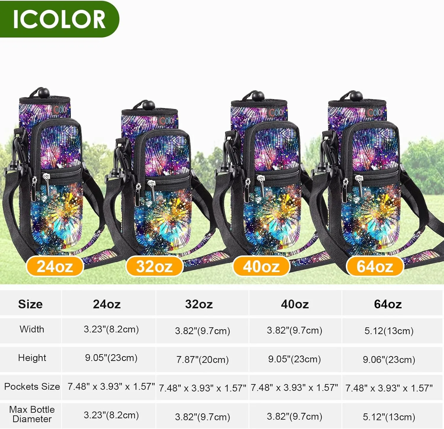 icolor Water Bottle Carrier Bag with Strap 25/32/40/64oz Crossbody Water Bottle Holder with Phone Pocket Sling Sleeve Insulated Neoprene Water Bottle Pouch for Walking Hiking Travelling