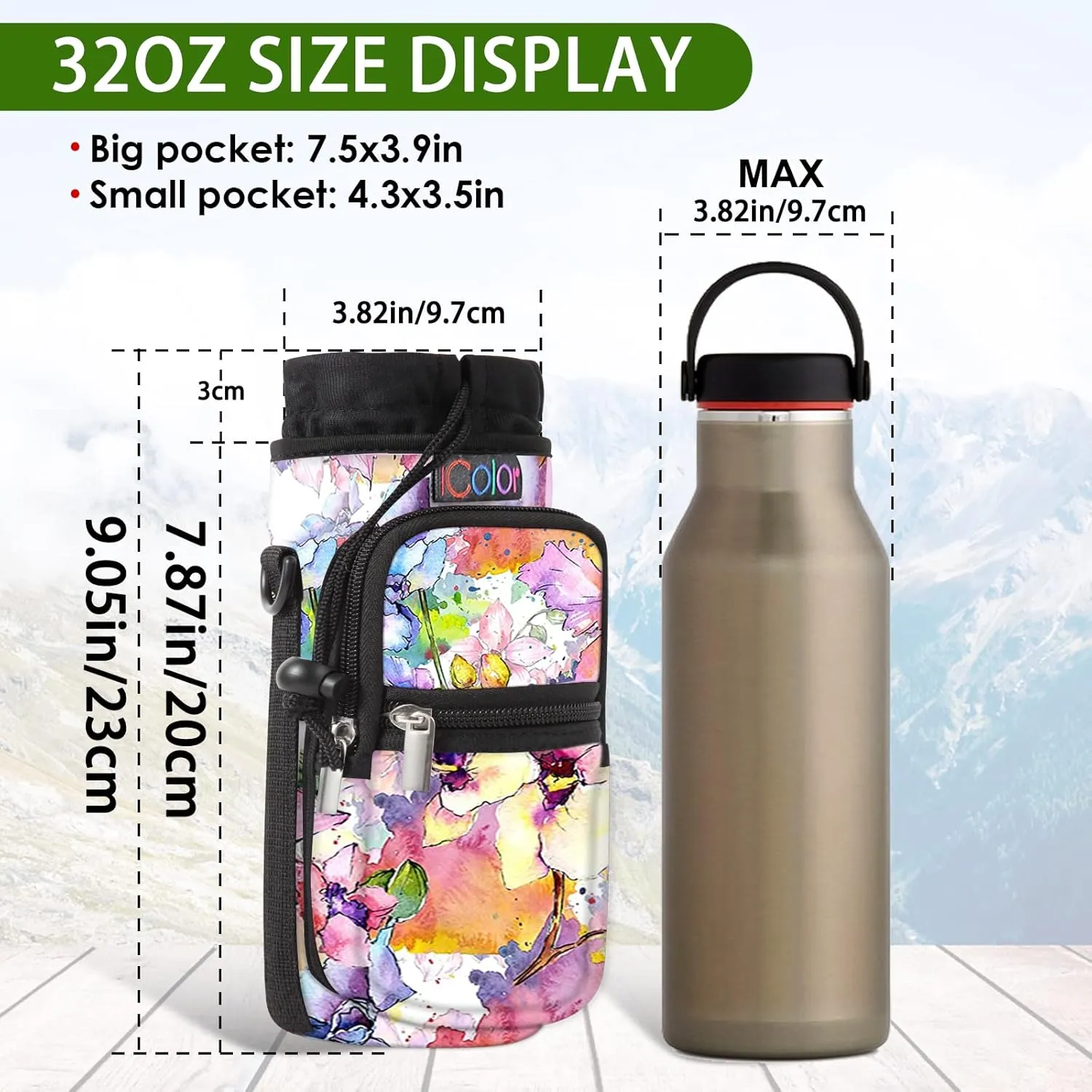 icolor Water Bottle Carrier Bag with Strap 25/32/40/64oz Crossbody Water Bottle Holder with Phone Pocket Sling Sleeve Insulated Neoprene Water Bottle Pouch for Walking Hiking Travelling