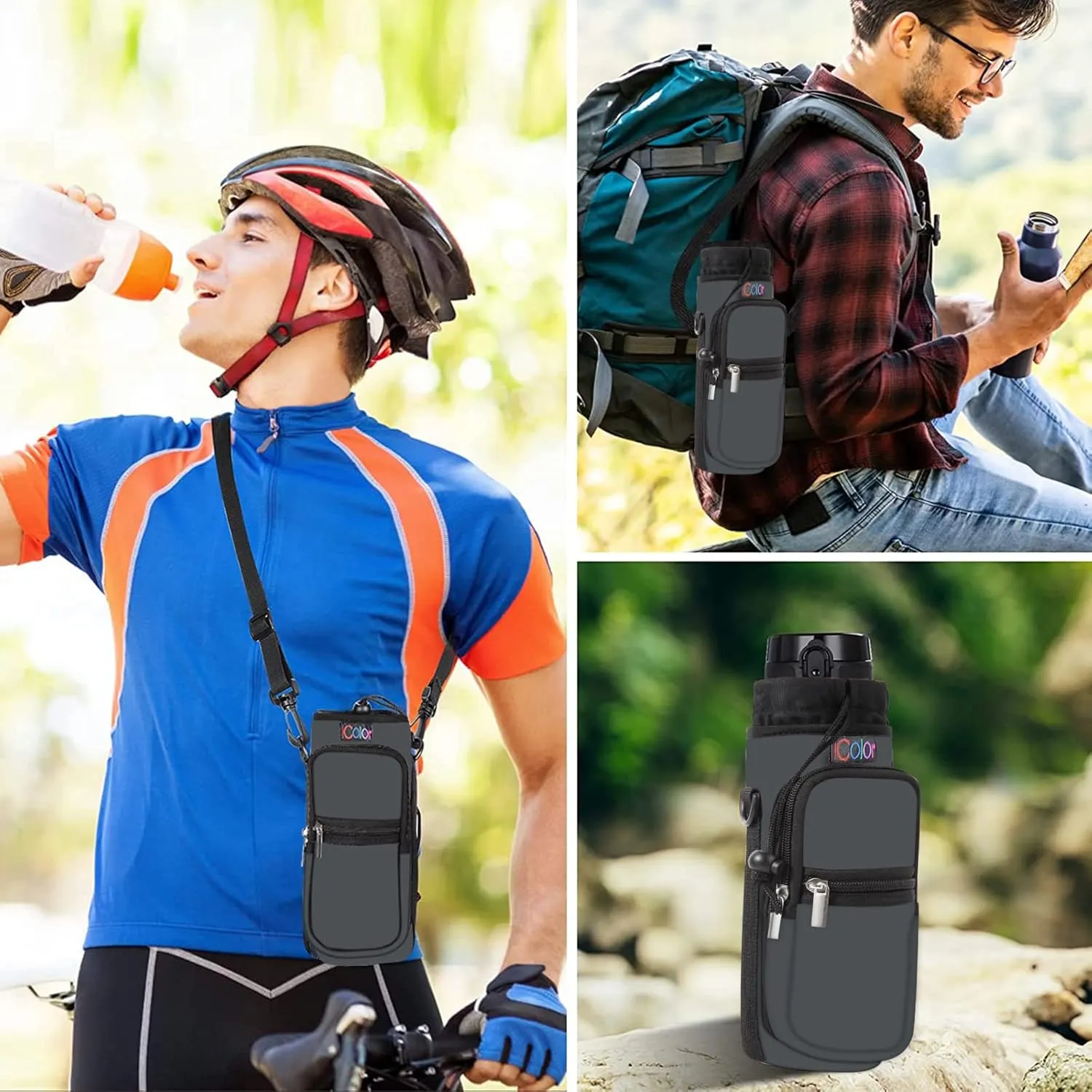 icolor Water Bottle Carrier Bag with Strap 25/32/40/64oz Crossbody Water Bottle Holder with Phone Pocket Sling Sleeve Insulated Neoprene Water Bottle Pouch for Walking Hiking Travelling