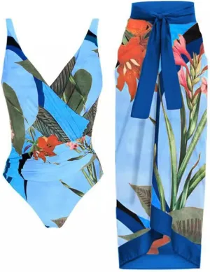 IDOPIP Women's One Piece Swimsuit with Beach Cover up Wrap Skirt Sarong Retro Floral Print Bikini Set Two Piece Bathing Suit
