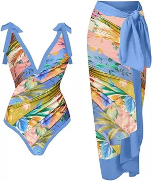 IDOPIP Women's One Piece Swimsuit with Beach Cover up Wrap Skirt Sarong Retro Floral Print Bikini Set Two Piece Bathing Suit